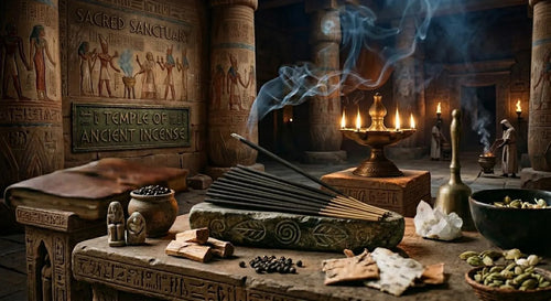 Hand-dipped Ancient Incense sticks burning in a stone mortar with amber patchouli oil, frankincense resin, and quartz crystals on a wooden apothecary desk. Ritual Incense