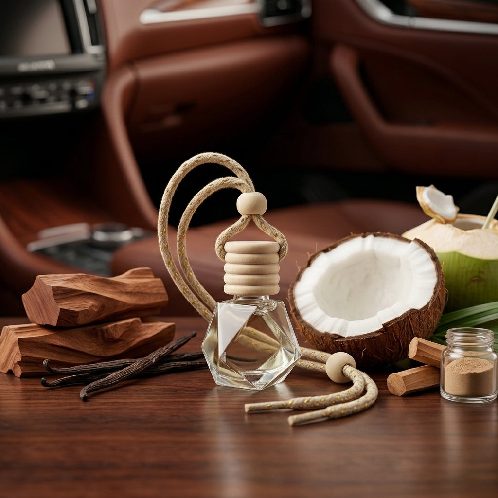 Car diffuser, hanging car air freshener, Mahogany Coconut car scent, luxury car air freshener, long-lasting car air freshener, aesthetic car accessories, aromatherapy car diffuser.
