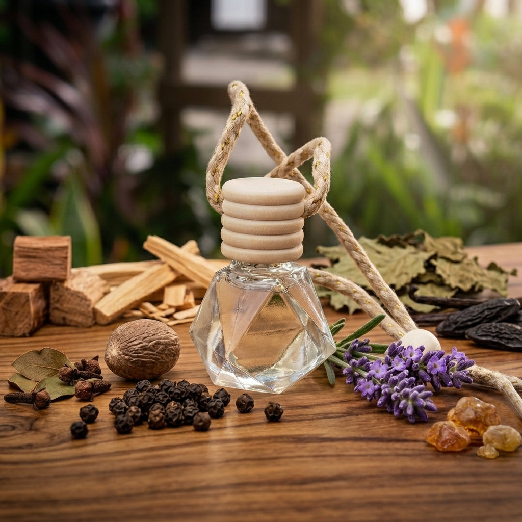 Faceted glass hanging car diffuser bottle filled with Palo Santo and patchouli fragrance oil, surrounded by raw ingredients including black pepper, nutmeg, lavender, and wood chips on a rustic wooden table.