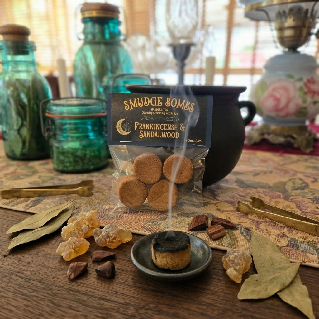 Frankincense and sandalwood smudge bomb burning on an altar with candelabra and witchy botanical background
