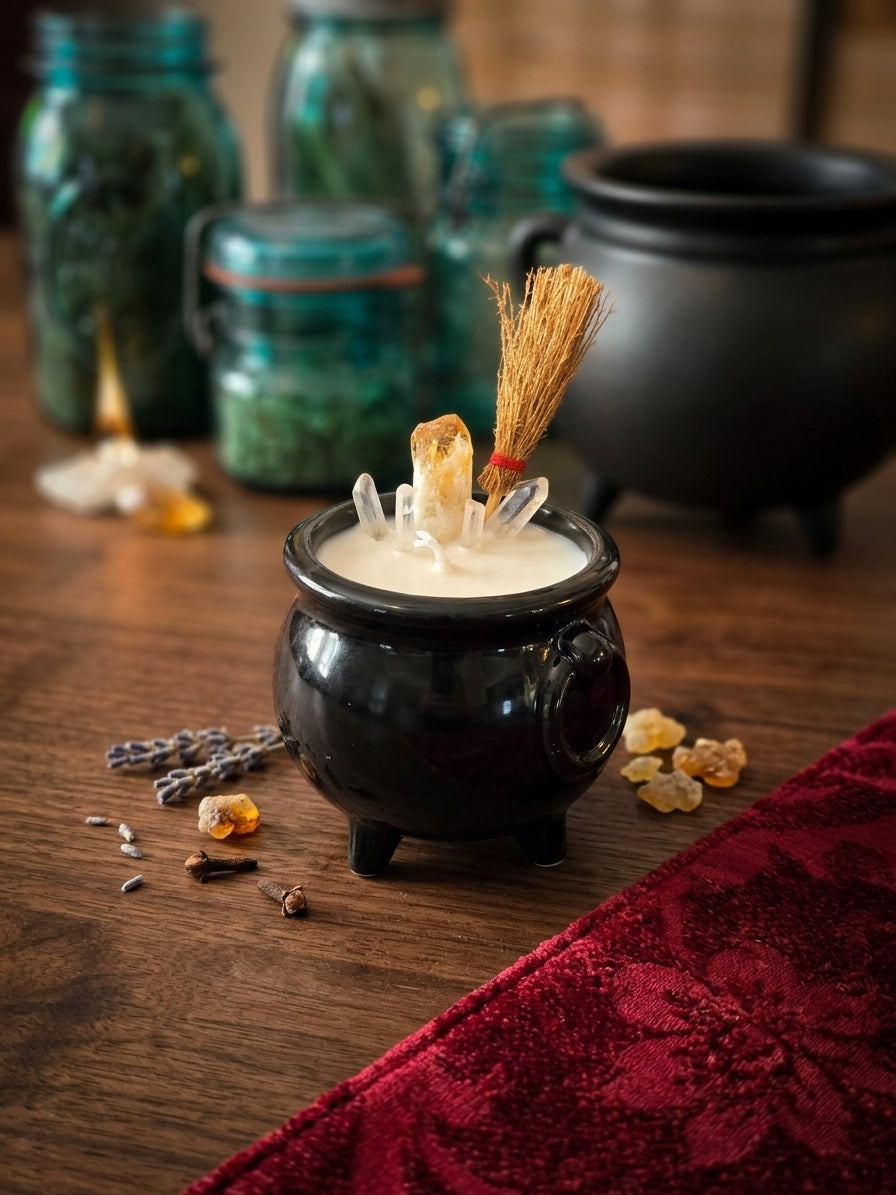 Solstice Broom & Spice Cauldron Ritual Candle | Citrine & Quartz Abundance Candle