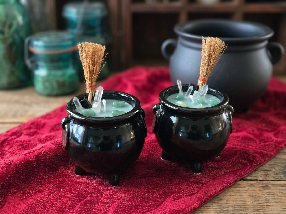Hearth Witch Cauldron Candle - Basil Sage Mint Green Soy Wax Candle with Black Tourmaline & Crystals