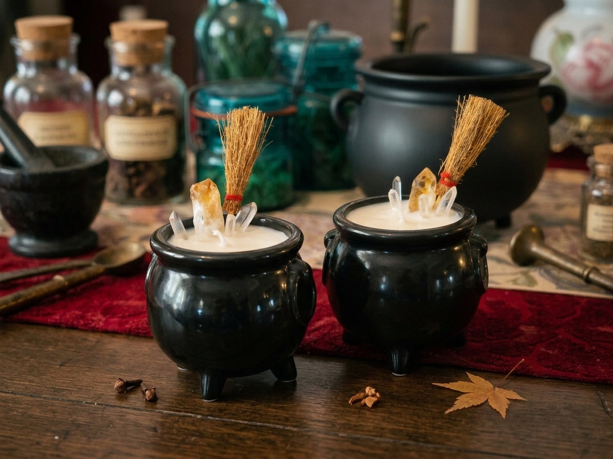 Solstice Broom & Spice Cauldron Ritual Candle | Citrine & Quartz Abundance Candle