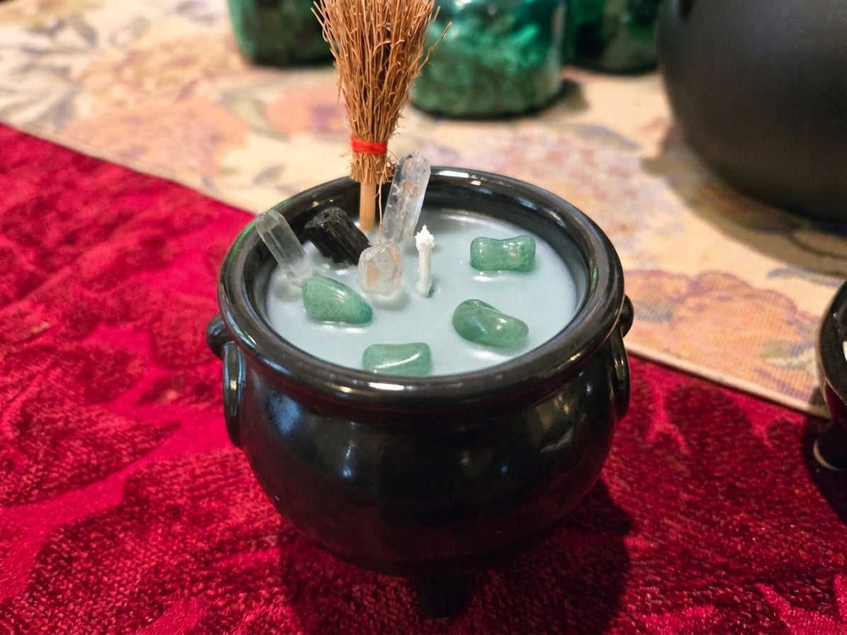 Hearth Witch Cauldron Candle - Basil Sage Mint Green Soy Wax Candle with Black Tourmaline & Crystals