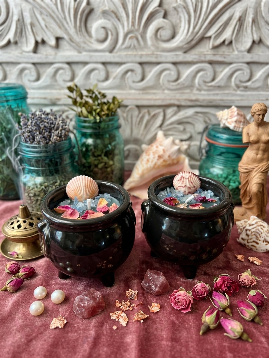 Hand-poured Aphrodite ritual cauldron candle in slate soy wax with aquamarine crystals, seashells & rose petals. Perfect for self-love rituals. Order today!