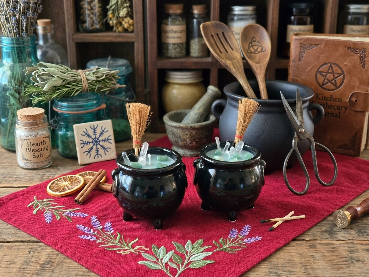 Hand-poured green soy cauldron candle scented with basil, sage, and mint. Topped with raw black tourmaline, clear quartz, and green aventurine for home cleansing.