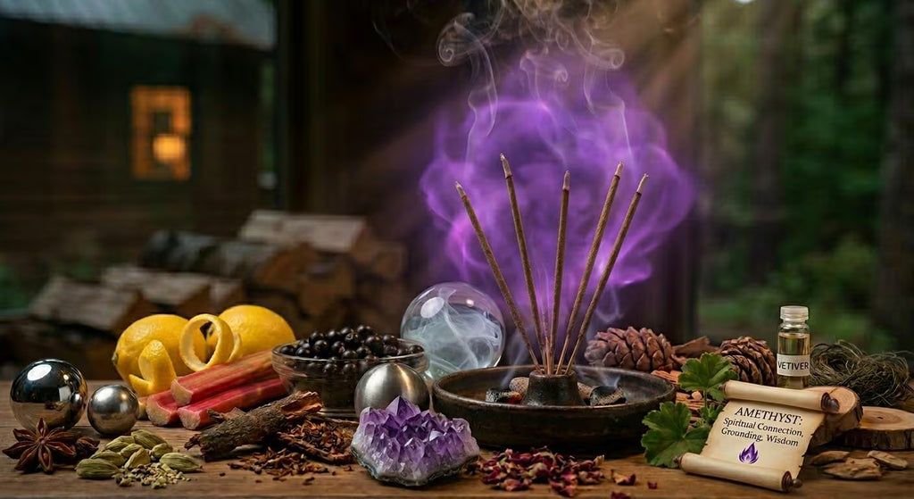 Hand Dipped Incense Sticks Amethyst Aura Black Currant & Tobacco Bark, Wood Smoke Fragrance Ritual Incense