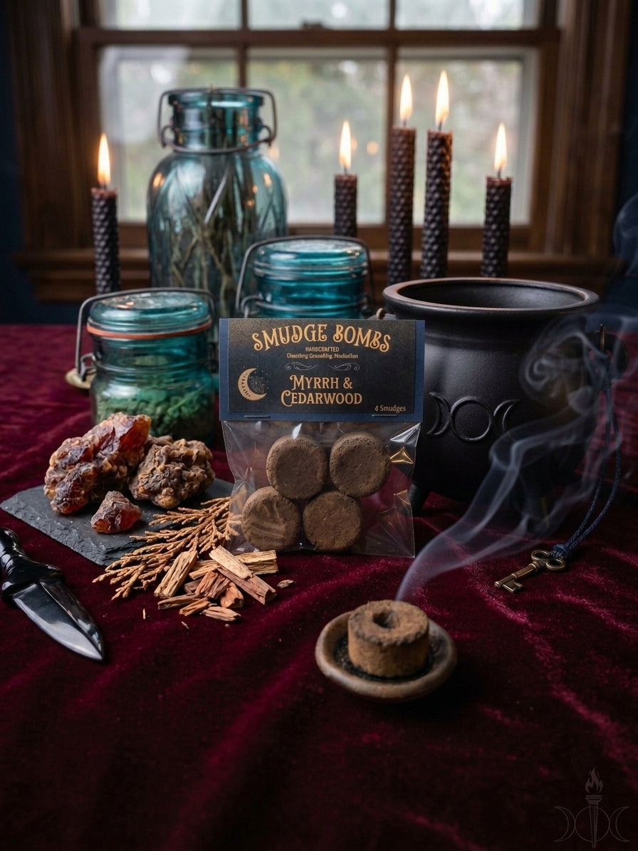 Hekate's Crossroads Myrrh and Cedarwood smudge bombs packaged in a clear pouch with a dark crescent moon label, arranged on deep red velvet alongside a triple-moon cauldron, ritual athame, bronze key, raw resin, and smoldering incense smoke.  