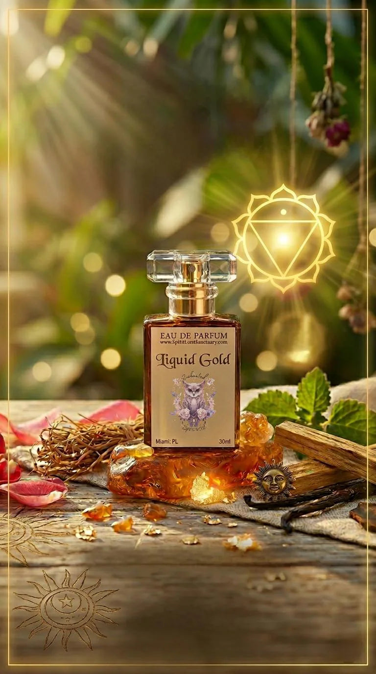 Liquid Gold • Luxury Solar Amber &amp; Vanilla Eau de Parfum. Liquid Gold is a high-contrast, intentional fragrance created to evoke the radiant warmth of pure sunshine, personal sovereignty, and effortless abundance. Formulated around the energetic frequency of the Solar Plexus chakra, this sun-warmed gourmand blend balances indulgent sweetness with deep, grounding earthiness to create a long-lasting, second-skin signature scent.