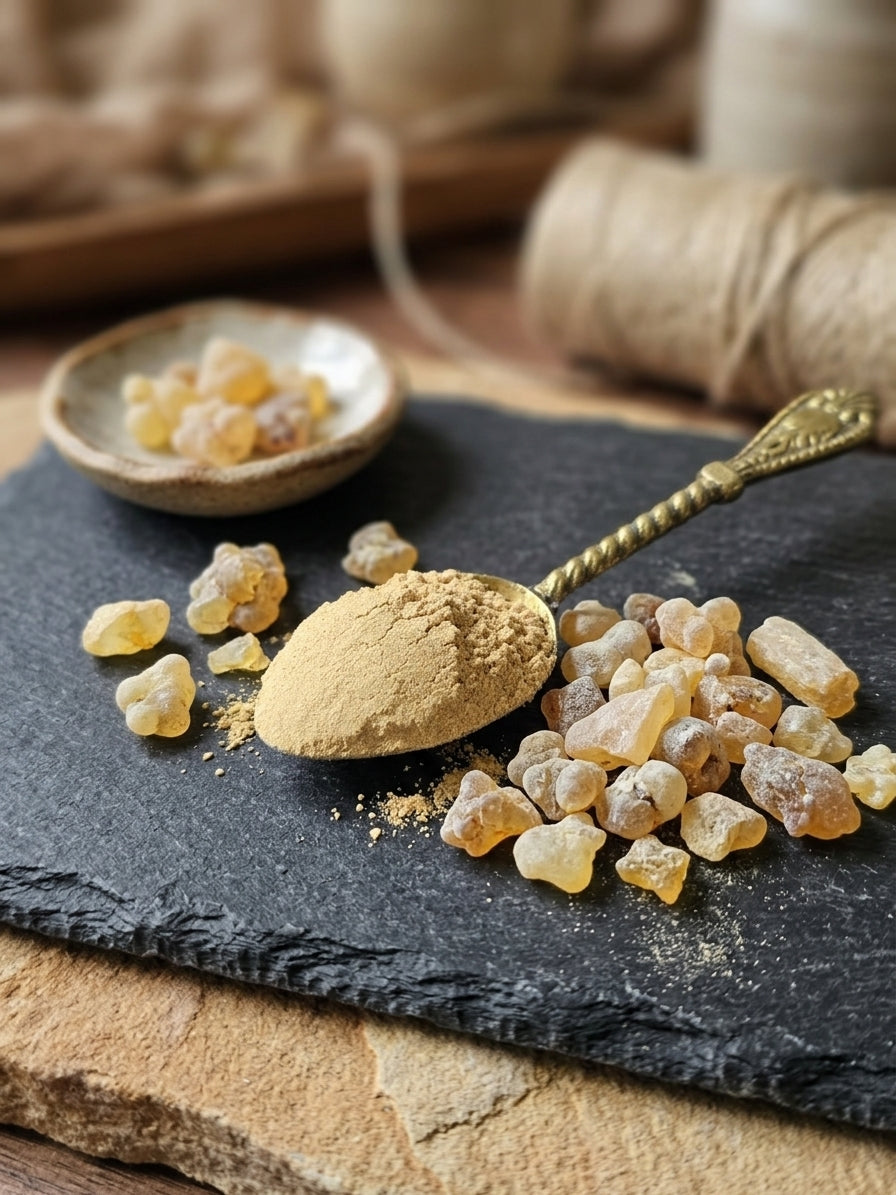 Natural Frankincense resin tears and sandalwood pieces for spiritual space cleansing ritual