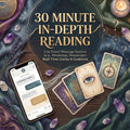 Product listing image for a 30-minute live messaging tarot reading, featuring a smartphone showing an active chat screen, a detailed tarot spread including the Eye of Providence and Compass cards, amethyst crystals, lavender sprigs, and a lit candle. The headline reads '30 MINUTE IN-DEPTH READING - Real-Time Clarity & Guidance'. This image represents our live direct message tarot reading and live chat card reading service, optimized for an interactive tarot session where customers receive real-time psychic 