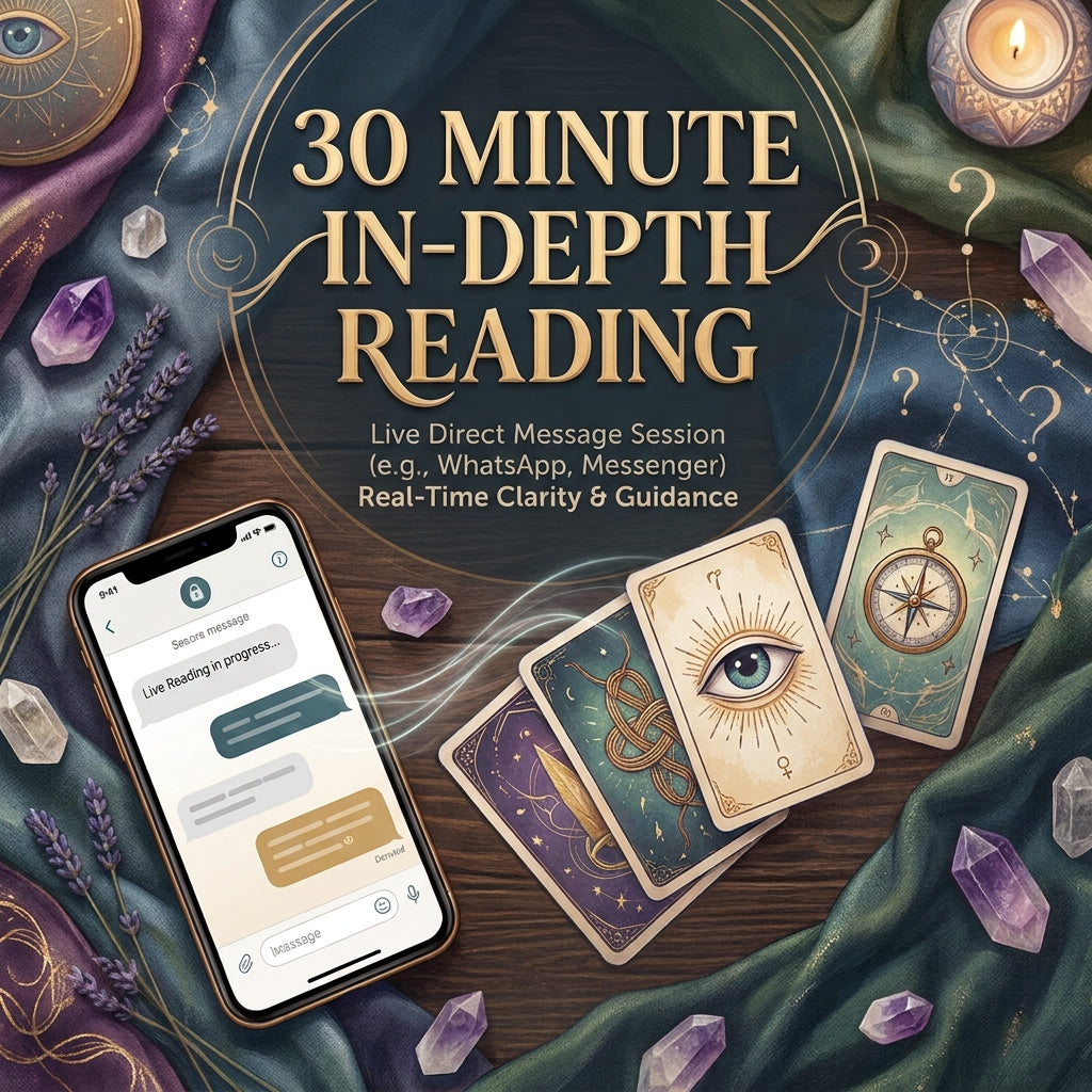 Product listing image for a 30-minute live messaging tarot reading, featuring a smartphone showing an active chat screen, a detailed tarot spread including the Eye of Providence and Compass cards, amethyst crystals, lavender sprigs, and a lit candle. The headline reads '30 MINUTE IN-DEPTH READING - Real-Time Clarity & Guidance'. This image represents our live direct message tarot reading and live chat card reading service, optimized for an interactive tarot session where customers receive real-time psychic 