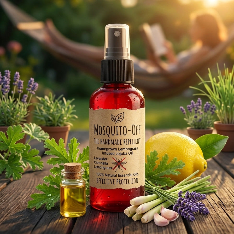 Protect your skin naturally with our DEET-free 2 oz mosquito spray. Handcrafted with homegrown lemongrass-infused jojoba oil, lavender, & citronella.