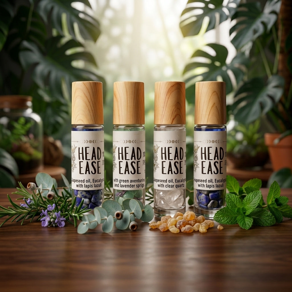 Relieve head tension, neck tightness, and muscle pain naturally with Head Ease Rollerball. Infused with Reiki energy, frankincense, peppermint, and eucalyptus.