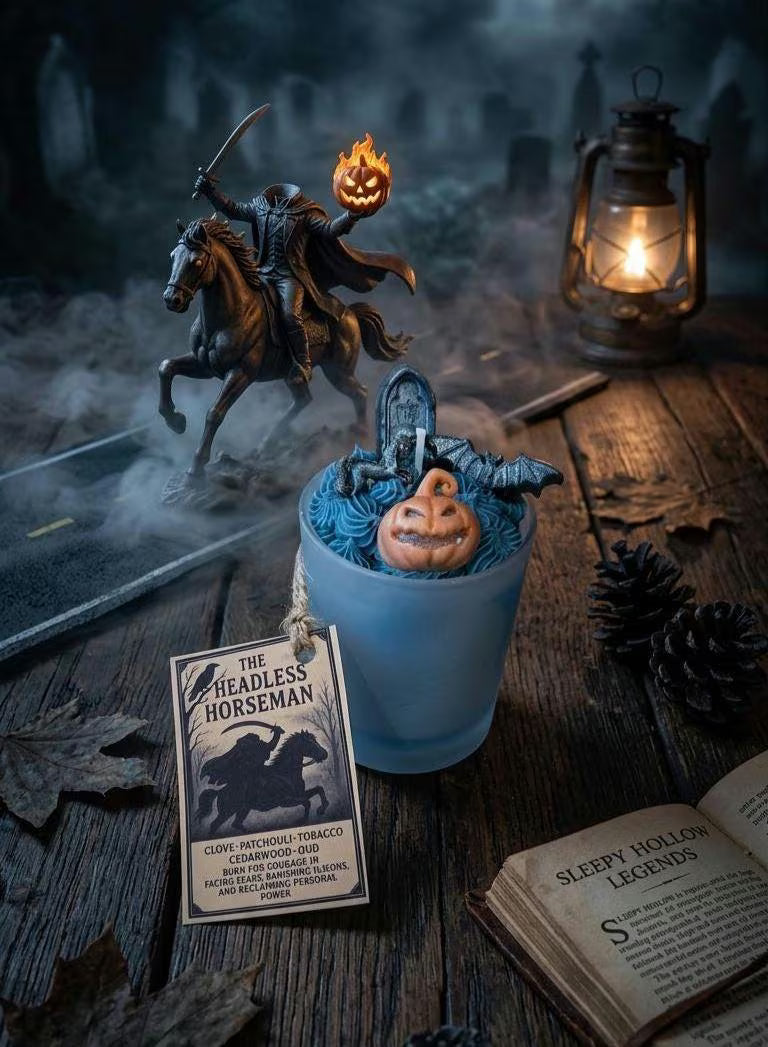 The Headless Horseman Halloween Candle – Clove, Patchouli, Tobacco, Cedarwood & Oud Scented – For Courage, Facing Fears Ritual Candle. Sleep Hallow Theme Candle Heqadless Horseman Halloween Candle