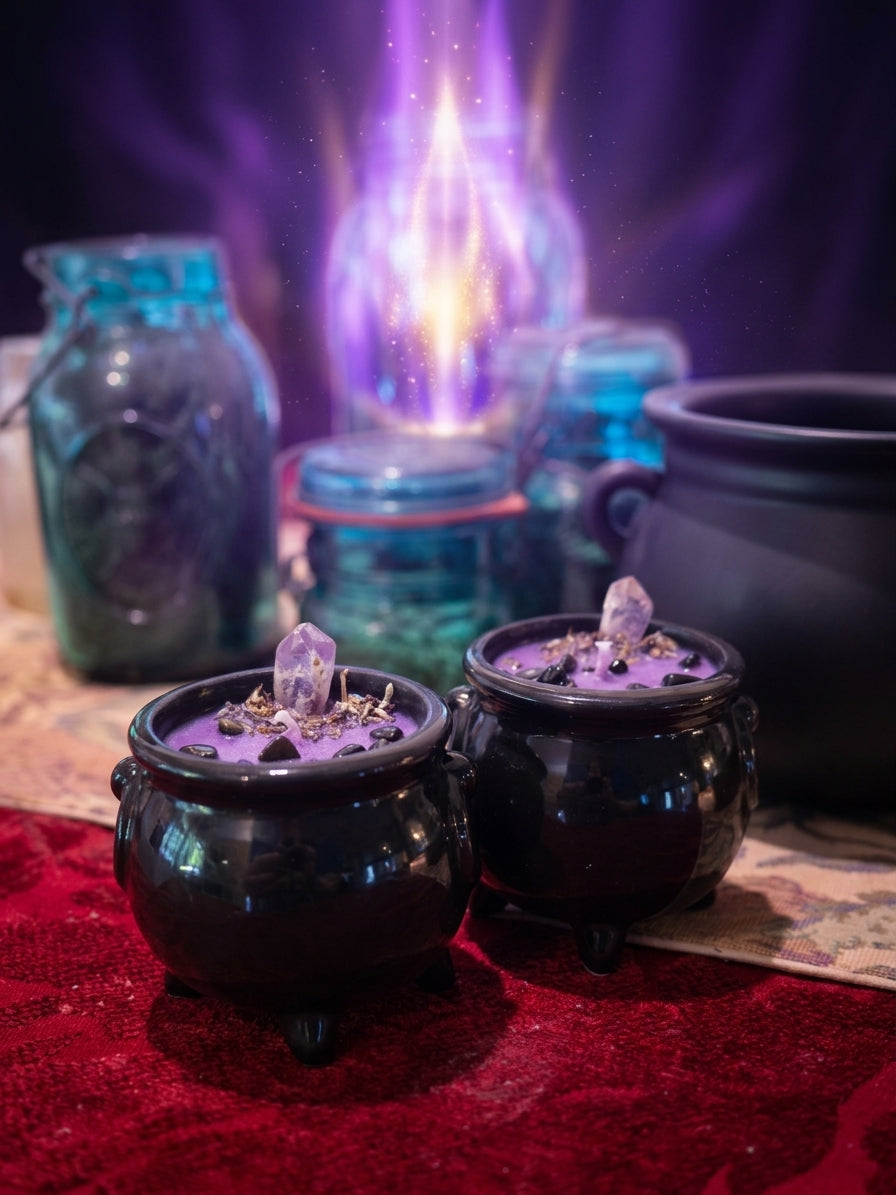 Transmute heavy energy with the Violet Flame Cauldron Candle. Hand-poured soy wax with raw Amethyst Elestial, Gold Obsidian, Smoke, Jasmine & Amaretto.